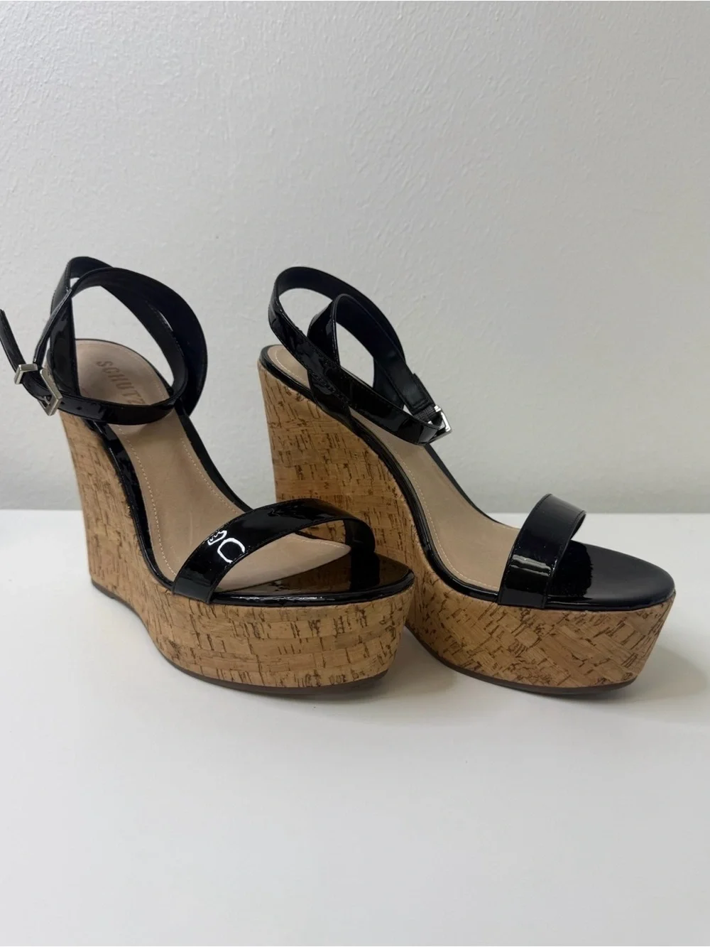 BRAND NEW SCHUTZ Black Patent Cork Platform Wedge Sandals Size 9.5
